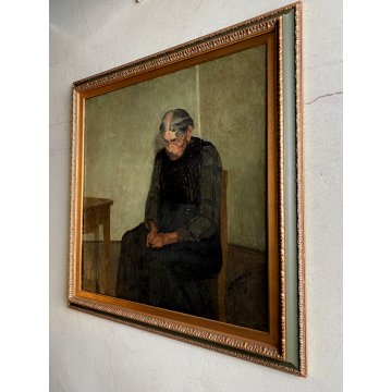 GRANDE QUADRO OLIO Gigi Comolli "L'Attesa" RITRATTO ANZIANA ROSARIO PREGHIERA