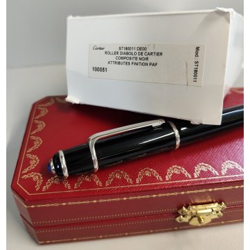 Diabolo de Cartier ROLLER VINTAGE Penna Sfera LACCA NERA Ballpoint Pen GEMMA BLU