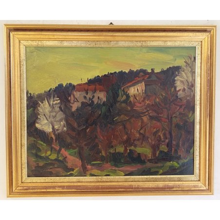 DIPINTO OLIO Carlo Monti VEDUTA PAESAGGIO RURALE BOSCO CASE ARONA LAGO MAGGIORE