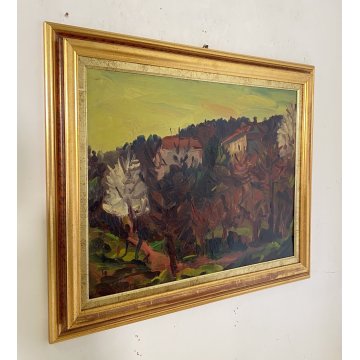 DIPINTO OLIO Carlo Monti VEDUTA PAESAGGIO RURALE BOSCO CASE ARONA LAGO MAGGIORE