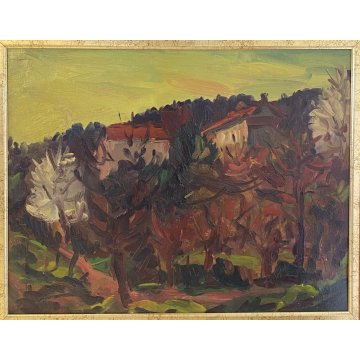 DIPINTO OLIO Carlo Monti VEDUTA PAESAGGIO RURALE BOSCO CASE ARONA LAGO MAGGIORE
