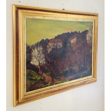 DIPINTO OLIO Carlo Monti VEDUTA PAESAGGIO RURALE BOSCO CASE ARONA LAGO MAGGIORE