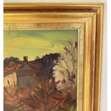 DIPINTO OLIO Carlo Monti VEDUTA PAESAGGIO RURALE BOSCO CASE ARONA LAGO MAGGIORE