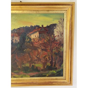 DIPINTO OLIO Carlo Monti VEDUTA PAESAGGIO RURALE BOSCO CASE ARONA LAGO MAGGIORE