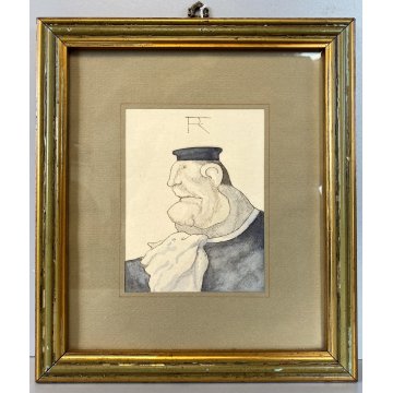 QUADRO DISEGNO RITRATTO FIRMATO "FR" CARICATURA FIGURA NOBIL UOMO