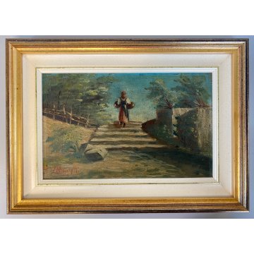 DIPINTO OLIO L. Marchetti PAESAGGIO RURALE FIGURA FEMMINILE CONTADINA CESTE '800