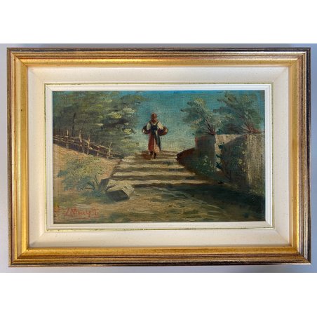 DIPINTO OLIO L. Marchetti PAESAGGIO RURALE FIGURA FEMMINILE CONTADINA CESTE '800