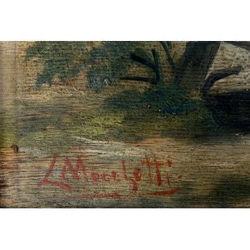 DIPINTO OLIO L. Marchetti PAESAGGIO RURALE FIGURA FEMMINILE CONTADINA CESTE '800