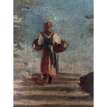 DIPINTO OLIO L. Marchetti PAESAGGIO RURALE FIGURA FEMMINILE CONTADINA CESTE '800