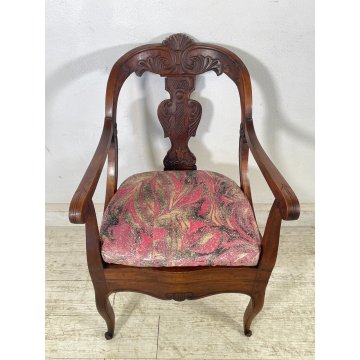 ANTICA POLTRONA A GONDOLA COMODA CON BRACCIOLI LEGNO NOCE EPOCA '800 SCOLPITA