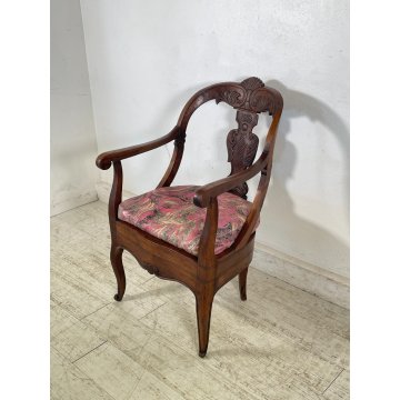 ANTICA POLTRONA A GONDOLA COMODA CON BRACCIOLI LEGNO NOCE EPOCA '800 SCOLPITA
