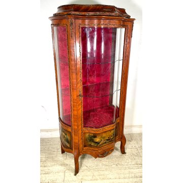 ANTICA VETRINA CRISTALLIERA LEGNO BRONZO DIPINTO ANTA STOFFA ROSSA EPOCA '900