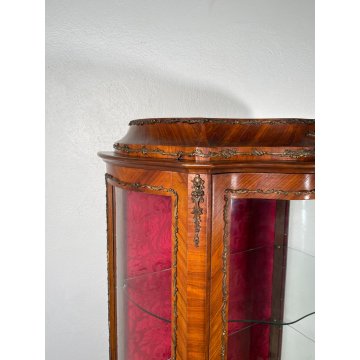 ANTICA VETRINA CRISTALLIERA LEGNO BRONZO DIPINTO ANTA STOFFA ROSSA EPOCA '900