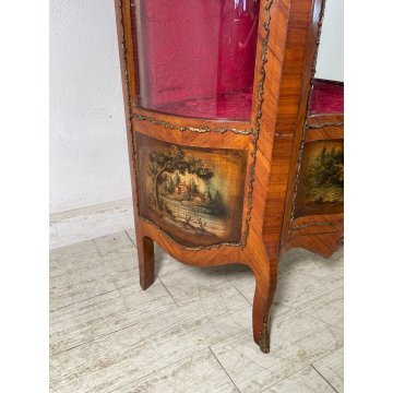 ANTICA VETRINA CRISTALLIERA LEGNO BRONZO DIPINTO ANTA STOFFA ROSSA EPOCA '900