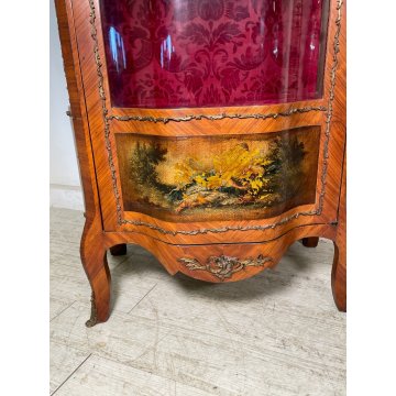ANTICA VETRINA CRISTALLIERA LEGNO BRONZO DIPINTO ANTA STOFFA ROSSA EPOCA '900