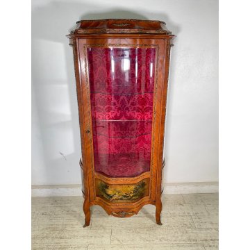 ANTICA VETRINA CRISTALLIERA LEGNO BRONZO DIPINTO ANTA STOFFA ROSSA EPOCA '900
