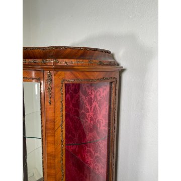 ANTICA VETRINA CRISTALLIERA LEGNO BRONZO DIPINTO ANTA STOFFA ROSSA EPOCA '900