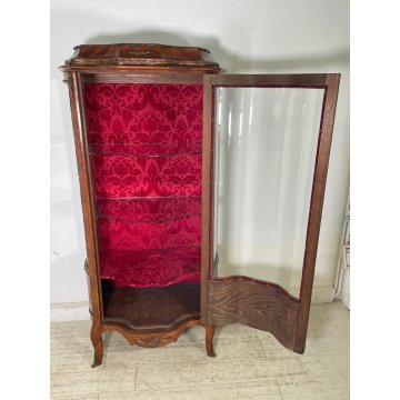ANTICA VETRINA CRISTALLIERA LEGNO BRONZO DIPINTO ANTA STOFFA ROSSA EPOCA '900