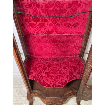 ANTICA VETRINA CRISTALLIERA LEGNO BRONZO DIPINTO ANTA STOFFA ROSSA EPOCA '900