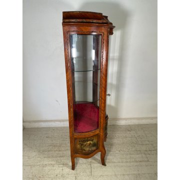ANTICA VETRINA CRISTALLIERA LEGNO BRONZO DIPINTO ANTA STOFFA ROSSA EPOCA '900