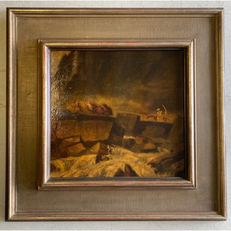 DIPINTO OLIO TAVOLA Walter Krebs SCENA GENERE MACABRO SCHELETRO FALCE SWISSE '40