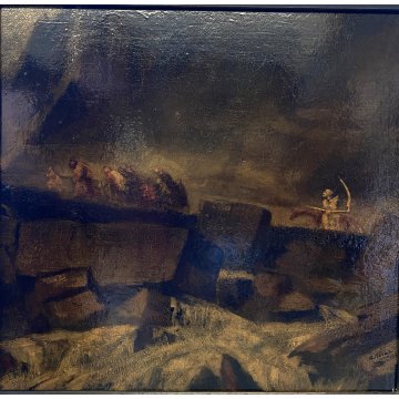 DIPINTO OLIO TAVOLA Walter Krebs SCENA GENERE MACABRO SCHELETRO FALCE SWISSE '40