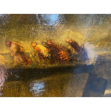 DIPINTO OLIO TAVOLA Walter Krebs SCENA GENERE MACABRO SCHELETRO FALCE SWISSE '40