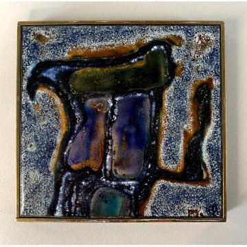 FORMELLA SMALTO su RAME Marga Michaeli ASTRATTO CORNICE OTTONE 11x10,5 cm 2001