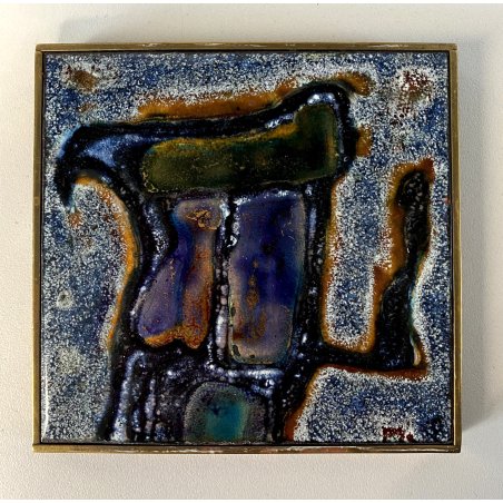 FORMELLA SMALTO su RAME Marga Michaeli ASTRATTO CORNICE OTTONE 11x10,5 cm 2001