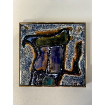 FORMELLA SMALTO su RAME Marga Michaeli ASTRATTO CORNICE OTTONE 11x10,5 cm 2001
