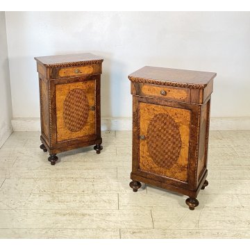 ANTICA COPPIA COMODINI INTARSIATI LEGNO NOCE 1800 MENSOLA COMODINO CASSETTI