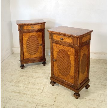 ANTICA COPPIA COMODINI INTARSIATI LEGNO NOCE 1800 MENSOLA COMODINO CASSETTI