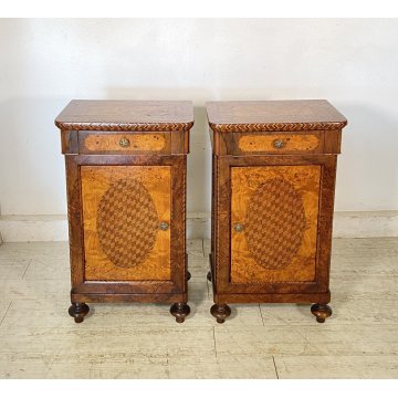 ANTICA COPPIA COMODINI INTARSIATI LEGNO NOCE 1800 MENSOLA COMODINO CASSETTI