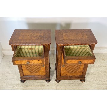 ANTICA COPPIA COMODINI INTARSIATI LEGNO NOCE 1800 MENSOLA COMODINO CASSETTI