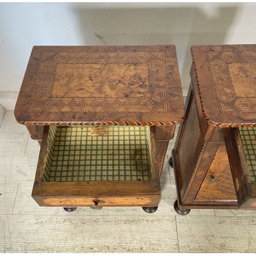 ANTICA COPPIA COMODINI INTARSIATI LEGNO NOCE 1800 MENSOLA COMODINO CASSETTI