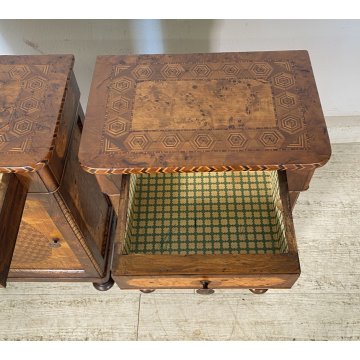 ANTICA COPPIA COMODINI INTARSIATI LEGNO NOCE 1800 MENSOLA COMODINO CASSETTI