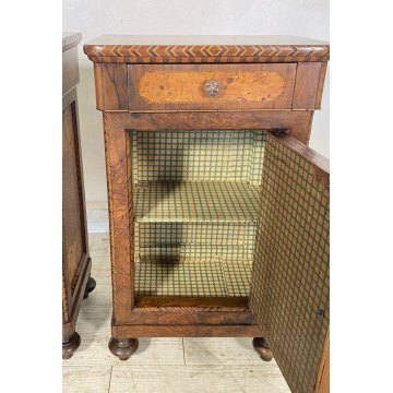 ANTICA COPPIA COMODINI INTARSIATI LEGNO NOCE 1800 MENSOLA COMODINO CASSETTI