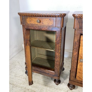 ANTICA COPPIA COMODINI INTARSIATI LEGNO NOCE 1800 MENSOLA COMODINO CASSETTI