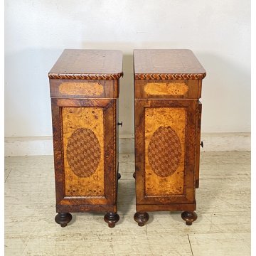 ANTICA COPPIA COMODINI INTARSIATI LEGNO NOCE 1800 MENSOLA COMODINO CASSETTI