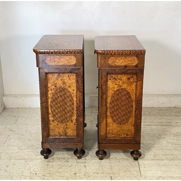 ANTICA COPPIA COMODINI INTARSIATI LEGNO NOCE 1800 MENSOLA COMODINO CASSETTI