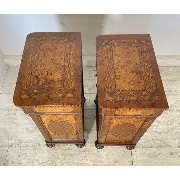 ANTICA COPPIA COMODINI INTARSIATI LEGNO NOCE 1800 MENSOLA COMODINO CASSETTI