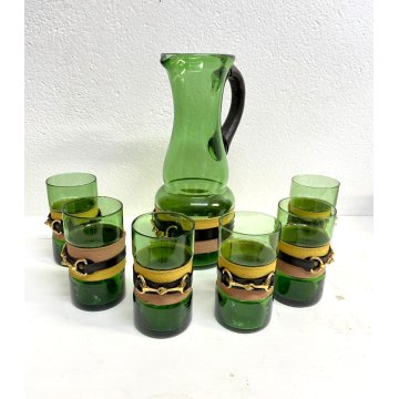 SET 6 BICCHIERI 1 BROCCA VINTAGE VETRO VERDE BORDATO MOTIVO BRIGLIE EQUESTRI '70