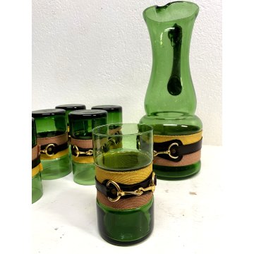 SET 6 BICCHIERI 1 BROCCA VINTAGE VETRO VERDE BORDATO MOTIVO BRIGLIE EQUESTRI '70