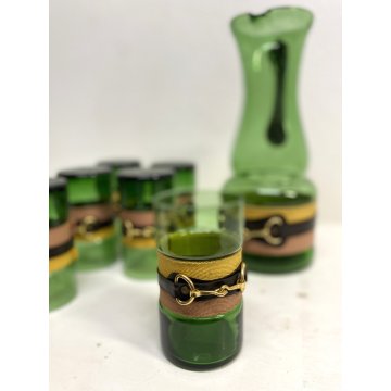 SET 6 BICCHIERI 1 BROCCA VINTAGE VETRO VERDE BORDATO MOTIVO BRIGLIE EQUESTRI '70