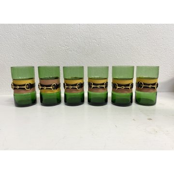 SET 6 BICCHIERI 1 BROCCA VINTAGE VETRO VERDE BORDATO MOTIVO BRIGLIE EQUESTRI '70