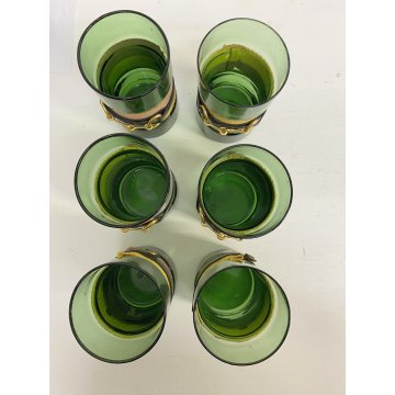 SET 6 BICCHIERI 1 BROCCA VINTAGE VETRO VERDE BORDATO MOTIVO BRIGLIE EQUESTRI '70