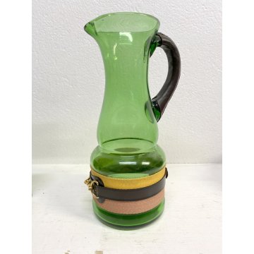 SET 6 BICCHIERI 1 BROCCA VINTAGE VETRO VERDE BORDATO MOTIVO BRIGLIE EQUESTRI '70