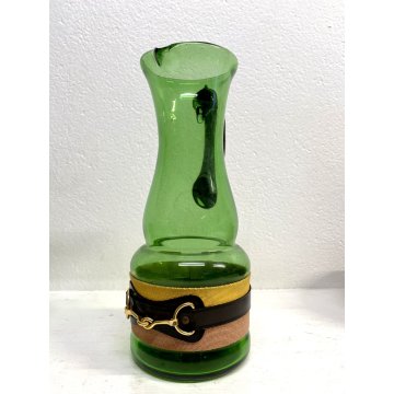 SET 6 BICCHIERI 1 BROCCA VINTAGE VETRO VERDE BORDATO MOTIVO BRIGLIE EQUESTRI '70