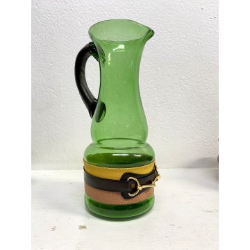 SET 6 BICCHIERI 1 BROCCA VINTAGE VETRO VERDE BORDATO MOTIVO BRIGLIE EQUESTRI '70