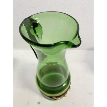 SET 6 BICCHIERI 1 BROCCA VINTAGE VETRO VERDE BORDATO MOTIVO BRIGLIE EQUESTRI '70